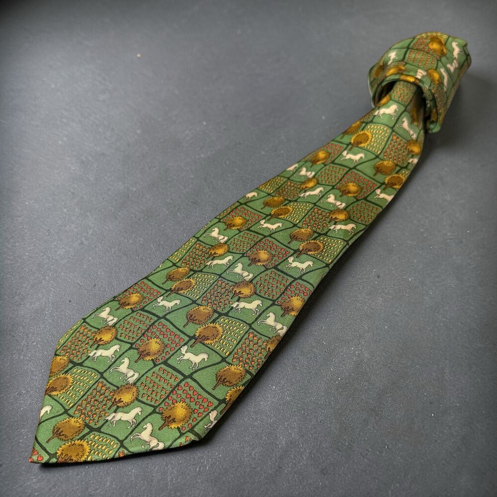 Salvatore Farragamo Tie Mens Green Horse and Tree Pattern Whimsical 100% Silk